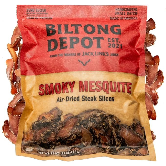 Biltong Depot Smoky Mesquite Biltong Slices - 1lb (16oz) | Air-Dried Beef Jerky Snack | High Protein | Paleo and Keto friendly | Zero Sugar | Gluten Free | No Artificial Preservatives | No MSG