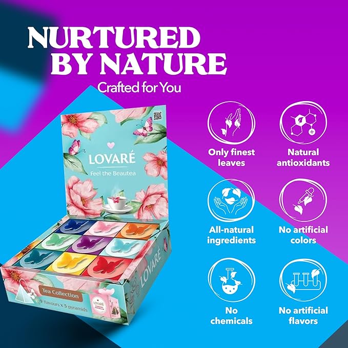 LOVARE Assorted Tea Pyramid Bags 45 Pack - Made in Ukraine - 9 Tastes of Tea Sampler Pyramids - Assortment with Black and Green Tea Fruits Flowers Berries - Flavored Gift Box