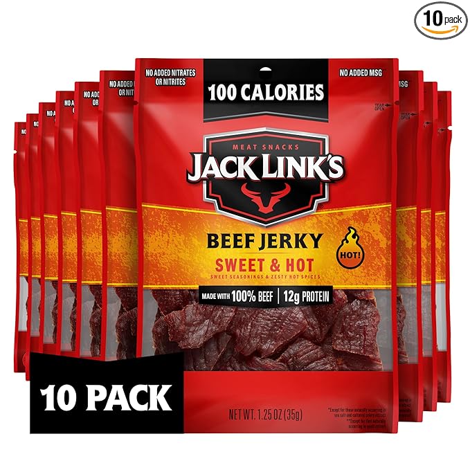 Jack Link's Sweet &amp Hot Beef Jerky - (10 Pack) 1.25 oz Bag - Ready to Eat Protein Snacks - 12g Protein per Serving - Made with 100% Real Beef