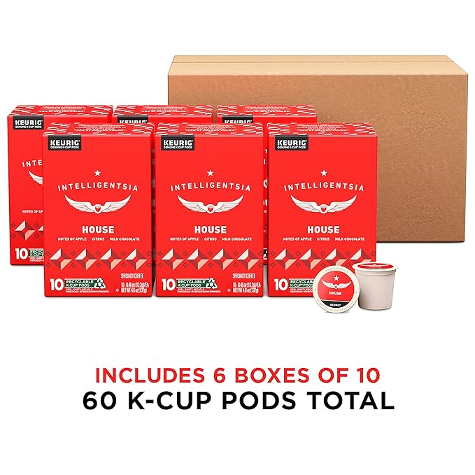 Intelligentsia Coffee Light Roast K-Cup Coffee Pods for Keurig Brewers - House 60 Count with Flavor Notes of Milk Chocolate Mandarin and Apple (6 Boxes of 10 K-Cup Pods)