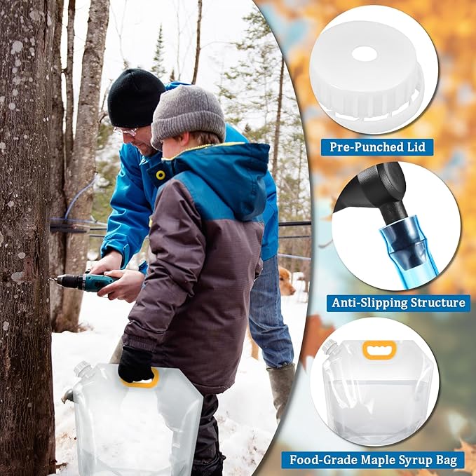 15 Sets Maple Syrup Tapping Kit Include Maple Syrup Taps 5L MapleSyrup Bags（Perforated &amp Non-perforated Two Types of Lids） 33Ft Tubing Drill Bit Maple Tree Tapping Kit for Experts or Beginner