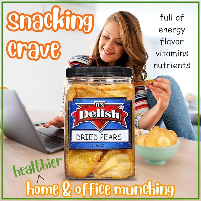 Dried Pears by It's Delish 38 Oz Jumbo Container | Fancy California Pear Slices No Sugar Added | Healthy Dried Fruit Snack Food Naturally Sweet Moist and Chewy Dry Fruit Snacks | Vegan Kosher