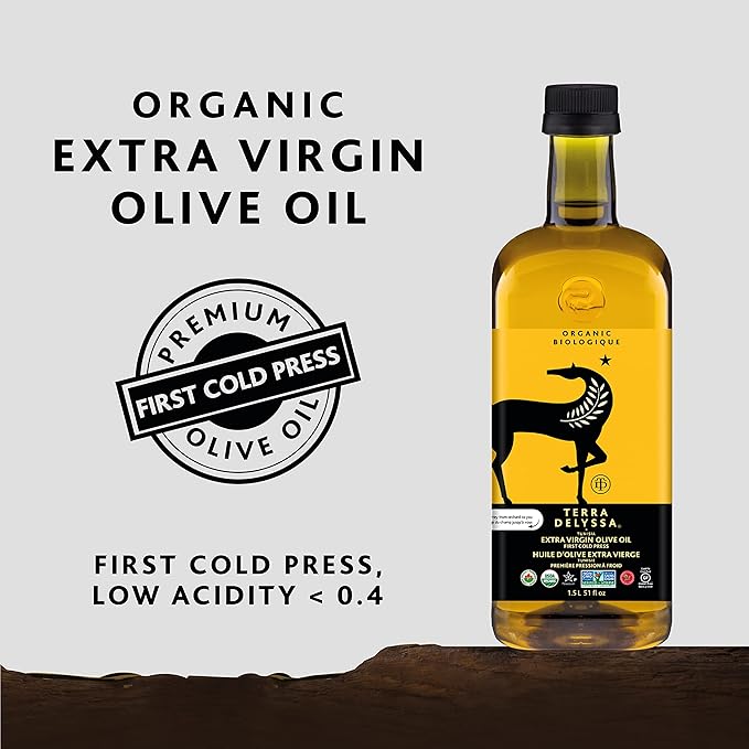Terra Delyssa First Cold Pressed Organic Extra Virgin Olive Oil Single Sourced 1.5L Dark Plastic Bottle (51 fl. oz) - 1 Pack Certified Kosher. Non-GMO Naturally Rich in Antioxidants and Polyphenol