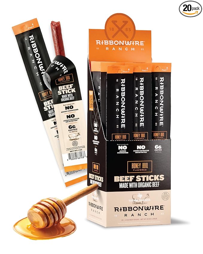 Ribbonwire Ranch Beef Sticks Made with Organic Beef Pasture Raised High Protein Snack Healthy Low Carb Keto Friendly Gluten Free Nitrate Free On the Go 1 Oz Sticks Honey BBQ Flavor 20 Pack