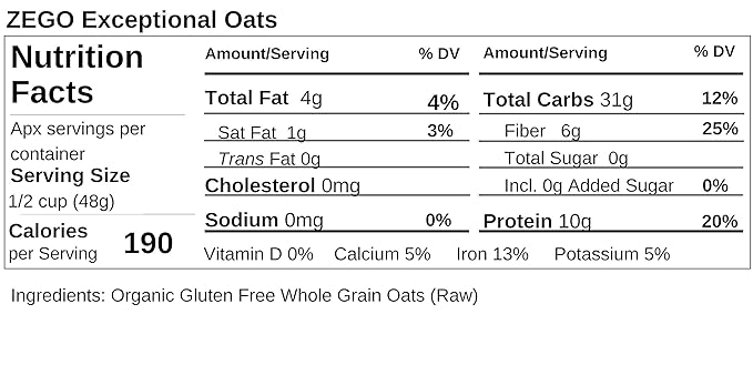 ZEGO Double Protein Raw Oats Organic Purity Protocol Gluten Free GIyphosate Free 14oz Bags Bundle of 2 Bags (28oz total)
