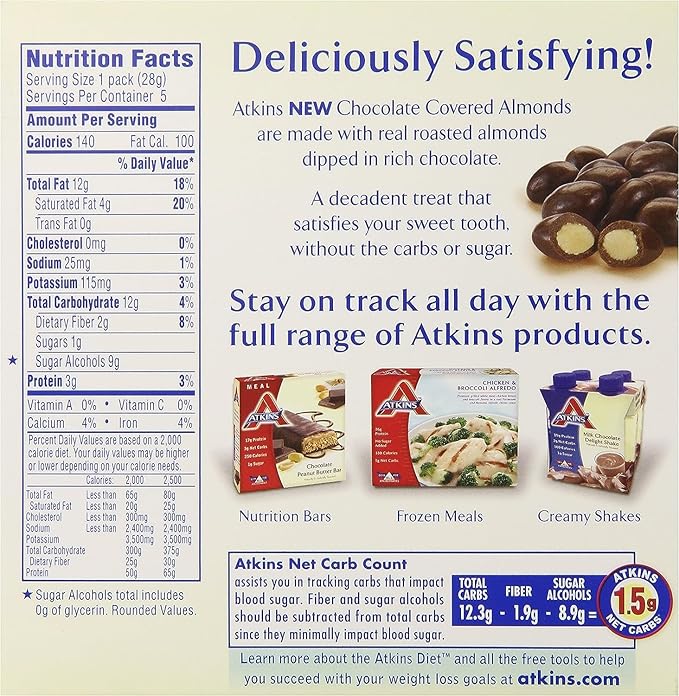 Atkins Endulge Treat Chocolate Covered Almonds. Rich &amp Crunchy. Keto-Friendly.1 Oz 5 Count (Pack of 4)
