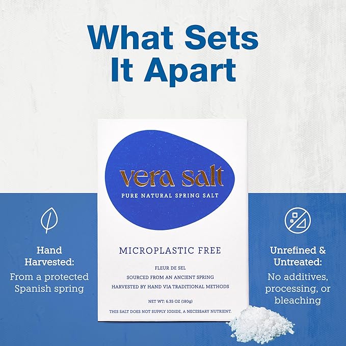 Vera Salt Fleur de Sel Spring Salt – 180g Pack – Hand‑Harvested Crystals from Spain – Naturally Formed with Delicate Crunch and Balanced Salinity – Ideal Finishing Salt - Microplastic-Free