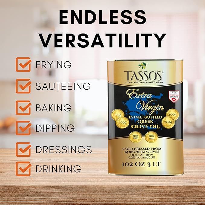 Tassos Extra Virgin Olive Oil ( Cold Pressed Koroneiki Olives ) 3 Ltr Tin