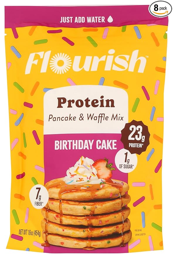 Flourish Birthday Cake Protein Pancake &amp Waffle Mix 16 Ounces (Pack Of 8)