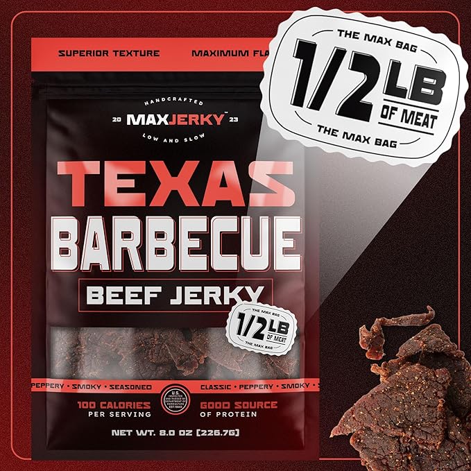 MaxJerky Texas Barbecue Beef Jerky Smoked Pepper Flavored Jerky 88 Grams of Protein 8 OZ (2 Pack)