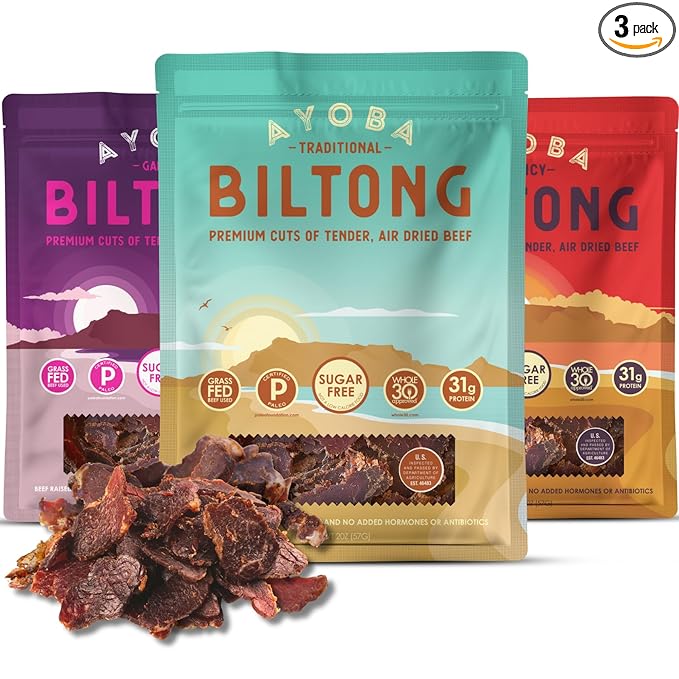 Ayoba Grass Fed Beef Biltong Slices Variety Pack (2 Ounce Pack of 3) - Authentic South African Protein Snacks - Keto-CertifiedPaleo-Certified Gluten Free and Sugar Free Beef Biltong