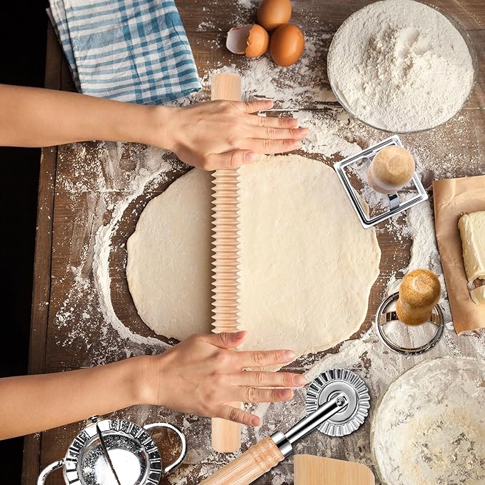 11 Pcs Pasta Making Tools Kit - Includes Wooden Gnocchi Board with Ravioli Stamp Cutter Threaded Rolling Pin Dumpling and Pasta Maker - Gift for Homemade kitchen Baking Lovers