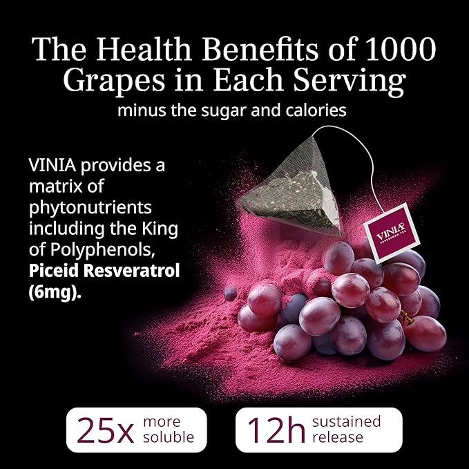 VINIA English Breakfast Black Tea Bags Made with Organic Tea Infused with Piceid Resveratrol for Heart Health Nitric Oxide Physical Energy Alertness Blood Flow Keto Kosher NON-GMO. 30 Ct