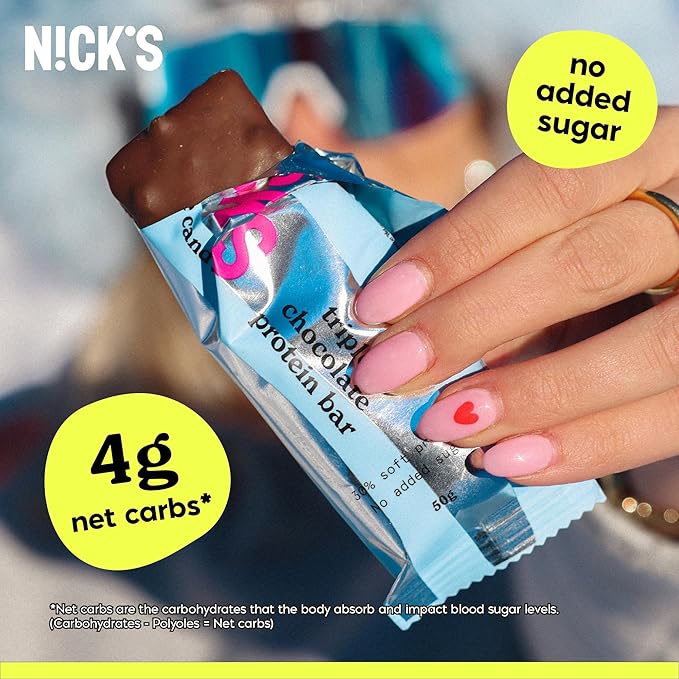 Nick’s Protein Bars Triple Chocolate – 12-Count Box | High Protein Low Calories Low Carbs Keto Friendly No Added Sugar (12 bars x 50g)