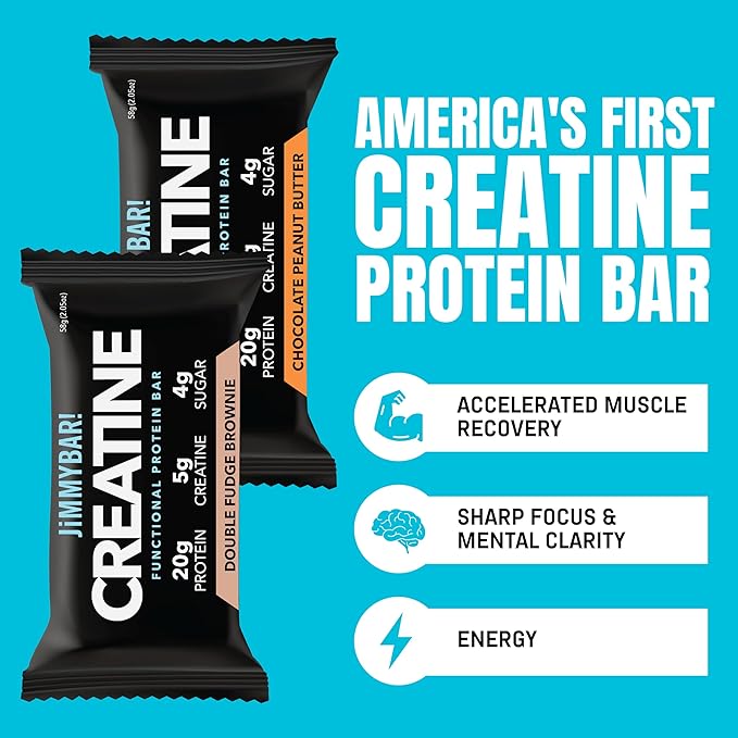 (NEW) JiMMYBAR! Creatine Protein Bar - 5g of Creatine Monohydrate + 20g Protein - High Protein Snack - Supports Muscle Growth Strength &amp Recovery - Real Food Energy Bar for Athletes | 6 Chocolate