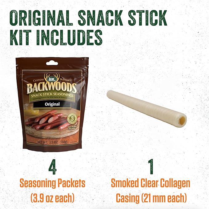 LEM Products Backwoods Original Snack Stick Seasoning Sausage Kit Ideal for Wild Game Seasons Up to 20 Pounds of Meat 1 Pound 2.7 Ounce Package with Pre-Measured Cure Packet Included