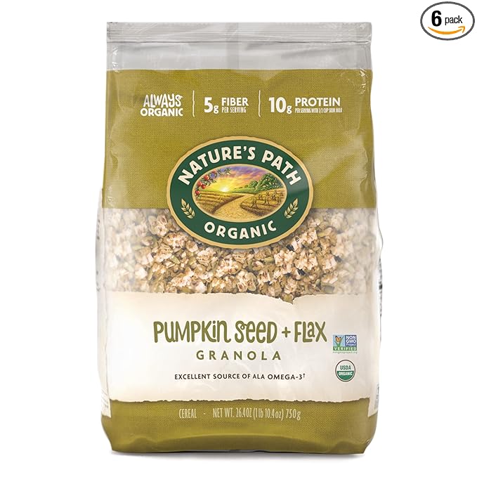 Nature's Path Organic Pumpkin Seed and Flax Granola 1.65 Lbs. Earth Friendly Package (Pack of 6) Non-GMO Heart Healthy High Fiber 6g Plant Based Protein