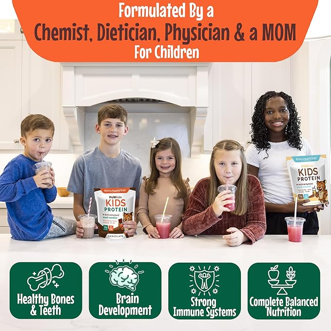 Kids Protein Shake Powder 16g – Zero Sugar Organic Ingredients Grass-Fed Whey Proteins – Calcium &amp Choline for Bone Strength &amp Brain Development Protein Shake 15-45 Servings – Chocolate