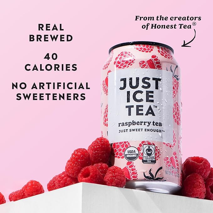 Just Ice Tea Raspberry Flavored Black Iced Tea 24-Pack (12oz Cans) USDA Certified Organic Low Calorie No Artificial Sweeteners Fair Trade Made in USA.