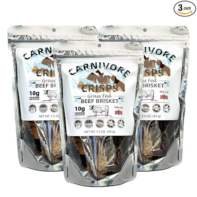 Carnivore Crisps Grass-Fed and Finished Beef Brisket Beef Crisps High Protein Keto &amp Carnivore Diet Approved Gluten-Free No Hormones 1.5 oz (Pack of 3)