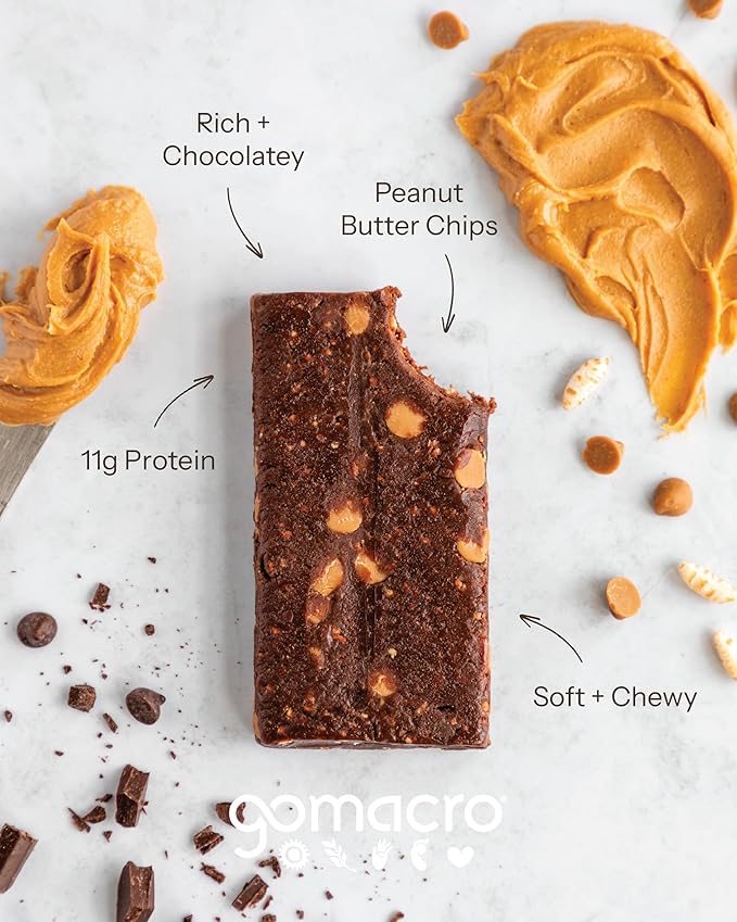 GoMacro MacroBar Organic Vegan Protein Bars - Double Chocolate + Peanut Butter Chips (2.3 Ounce Bars 12 Count)
