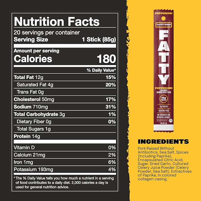 FATTY Smoked Pork Meat Sticks Raised Without Antibiotics Pepperoni Flavor 14g Protein Per Stick 2 oz. (Pack of 20)