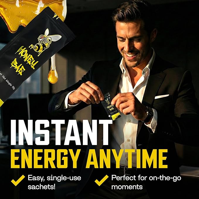 Honey Bae Natural Honey Sachets Herbal Vitality &amp Energy Support for Men Pure Honey with Maca Tongkat Ali Ginseng On-The-Go Single Serve Packets 12 x 15g