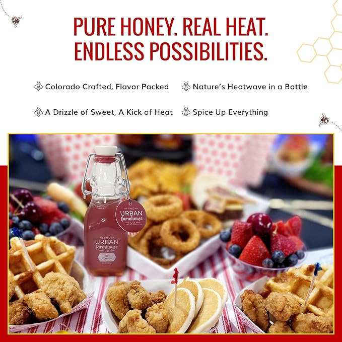 The Urban Farmhouse Co – Colorado Hot Honey Infused w/Chili Peppers – Spicy Sweet Mixer for Cocktails Pizza Chicken Tea Culinary Creations – All Natural Small Batch 6.4 oz (Single Hot Honey)