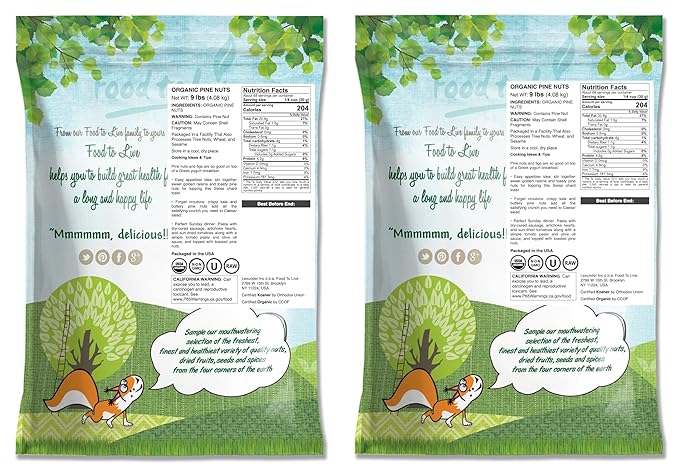 Food to Live Organic Pine Nuts 18 Pounds – Non-GMO Whole Raw Pignolias Unsalted No Shell Vegan Kosher Bulk Snack. Rich in Vitamin E Protein. Great for Pesto Salads Homemade Desserts