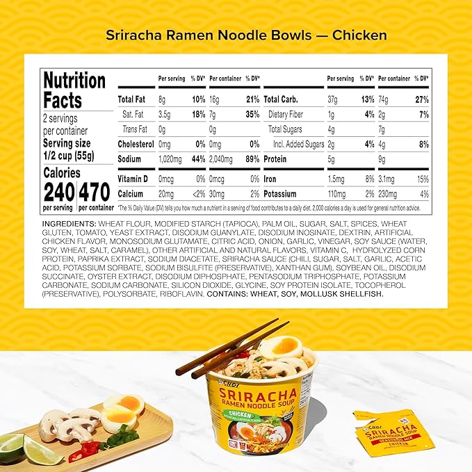 CHOI Sriracha Ramen Noodle Soup Chicken Flavored - Microwavable Bowl 3.8 oz. (110g) 6-Pack