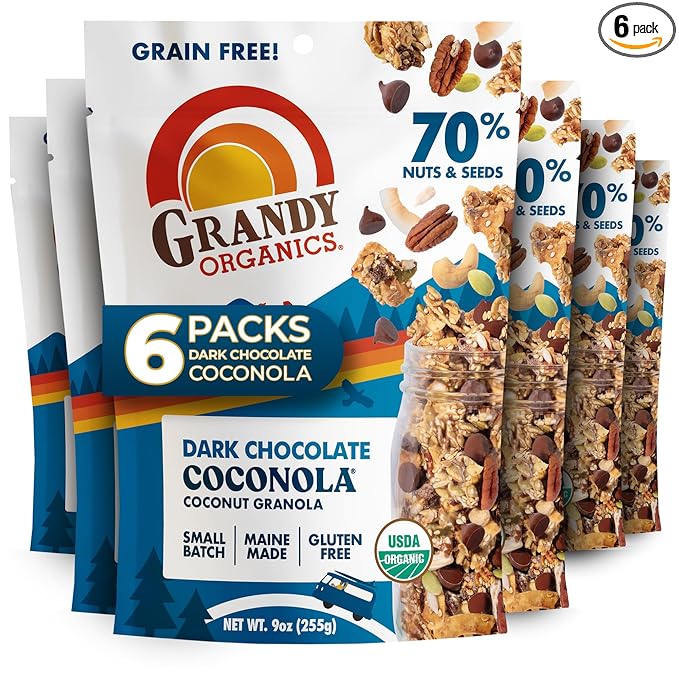 Grandy Organics Dark Chocolate Coconola Granola Certified Organic Gluten Free Granola Grain Free Chocolate Flavored Coconola Kosher Certified Paleo Friendly 9oz Each Pack of 6