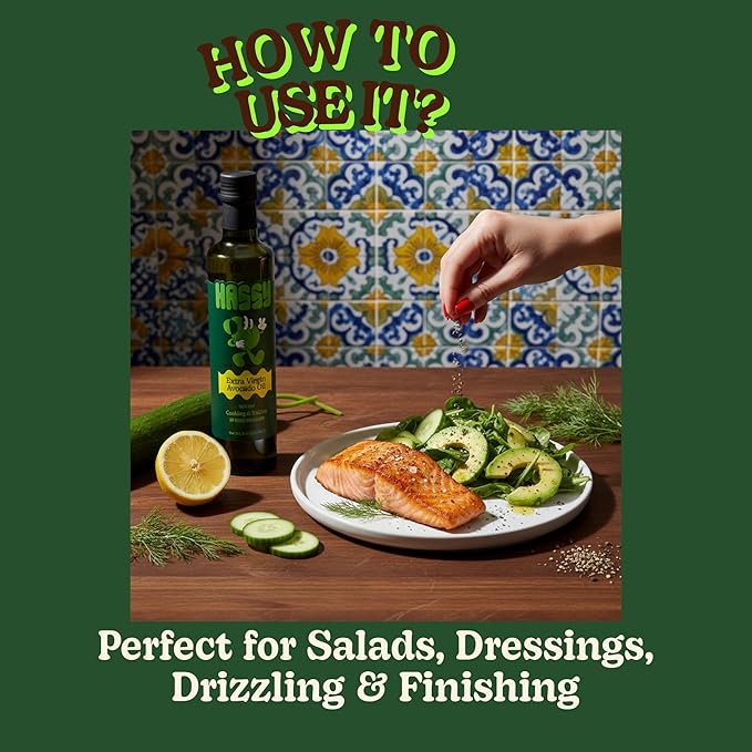 HASSY Extra Virgin Avocado Oil Premium Flavor for Dressings Drizzling &amp Finishing - Non-GMO 17.2 fl oz 510 ML - Created by Avocado Farmers in Mexico - 100% Pure Cooking Oil
