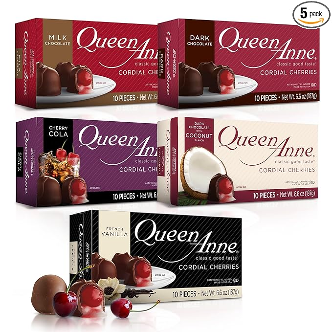Queen Anne Chocolate Covered Cordial Cherries Variety Pack | 6.6 oz (Pack of 5) | 10 Piece Boxes | Whole Maraschino Cherry Creamy Filled Liquid Center | Holiday Party Chocolate Candy