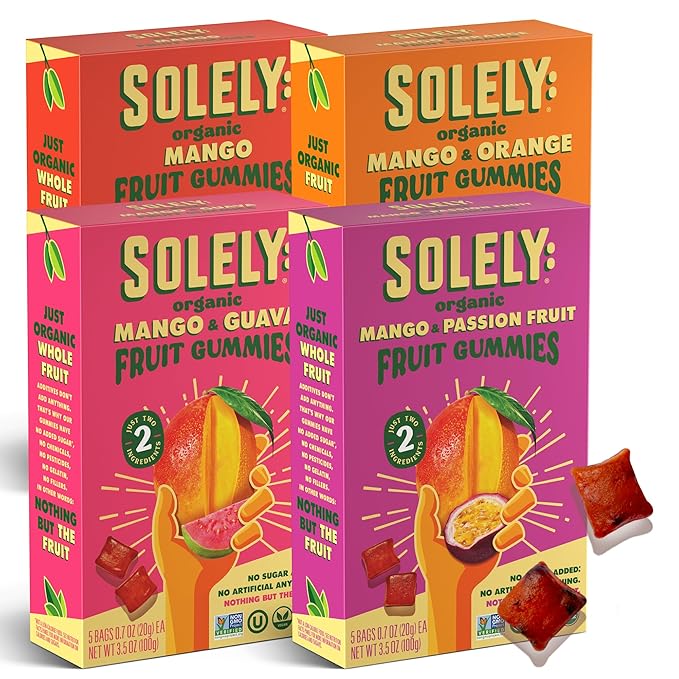 SOLELY - Organic Mango Whole Fruit Gummies Variety Pack (4 Flavors 5 Bags per Box) - Real Fresh Fruit - Healthy Snacks for Adults &amp Kids - Non GMO Vegan Snacks Shelf Stable - 20 Bags (3.5 oz)