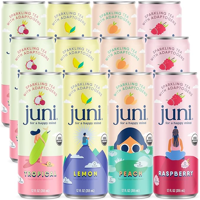 Juni Sparkling Adaptogen Drink for Mood and Focus with Ashwagandha Lion's Mane &amp Reishi Mushrooms Green Tea Caffeine All Flavors 24-Pack