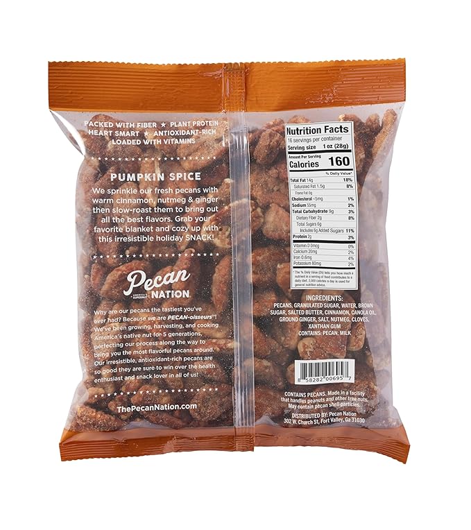 Pecan Nation Pumpkin Spice Roasted Georgia Pecan Halves 16 oz. Natural No preservatives Antioxidant-Rich Non-GMO Healthy Snacking Pecans for Adults and Kids
