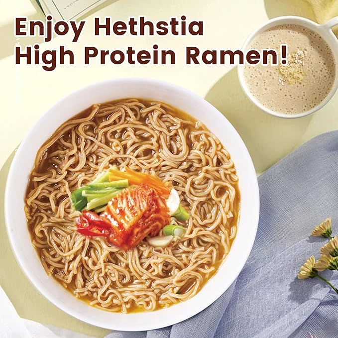 Hethstia High Protein (26g) Ramen Cup Noodles Spicy Kimchi Flavor 6 Count Plant Based Vegan Noodle Soup Non Fried Low Sugar Low Fat Ready to Eat Healthy Asian Meal &amp Holiday Gift