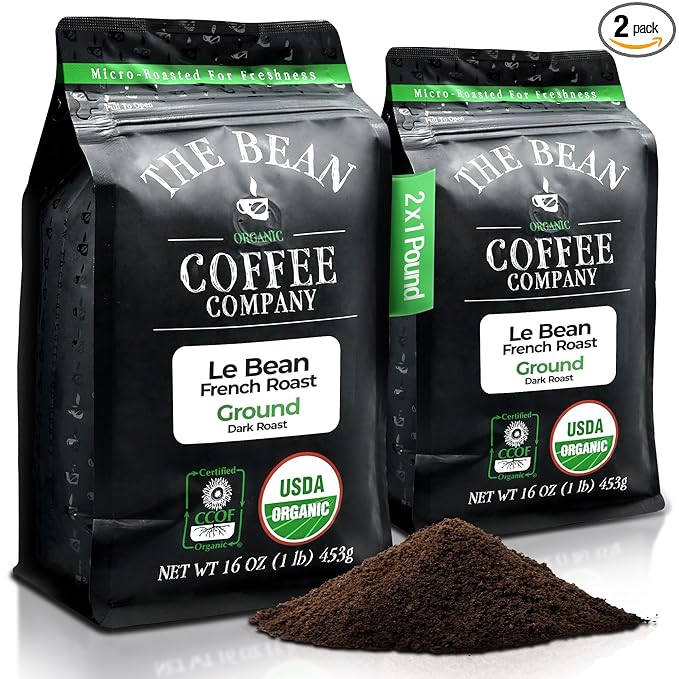 The Bean Organic Coffee Company Le Bean Dark French Roast Ground Coffee 16-Ounce Bags (Pack of 2)Café molido tostado organico