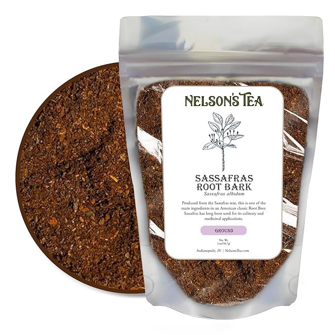 Nelson’s Tea - Sassafras Root Bark Ground - Caffeine Free - Aromatic Sassafras Albidum - Freshly Packed in a Resealable Bag for Lasting Freshness (2oz)