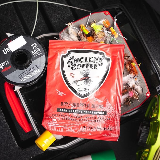 Angler’s Coffee Dry Dropper Dark Roasted Single Serve Coffee in a Pouch - Carefully Roasted Freshly Ground &amp Nitrogen Flushed Quality Colombian Coffee - Just add Water - 10 ct