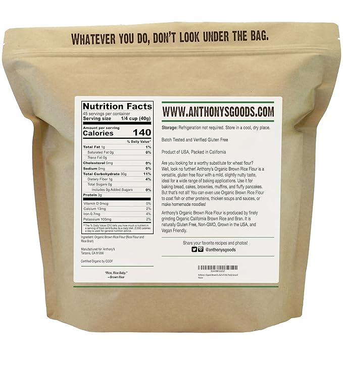 Anthony's Organic Brown Rice Flour 4 Pound Gluten Free Product of USA Finely Ground (Pack of 2)
