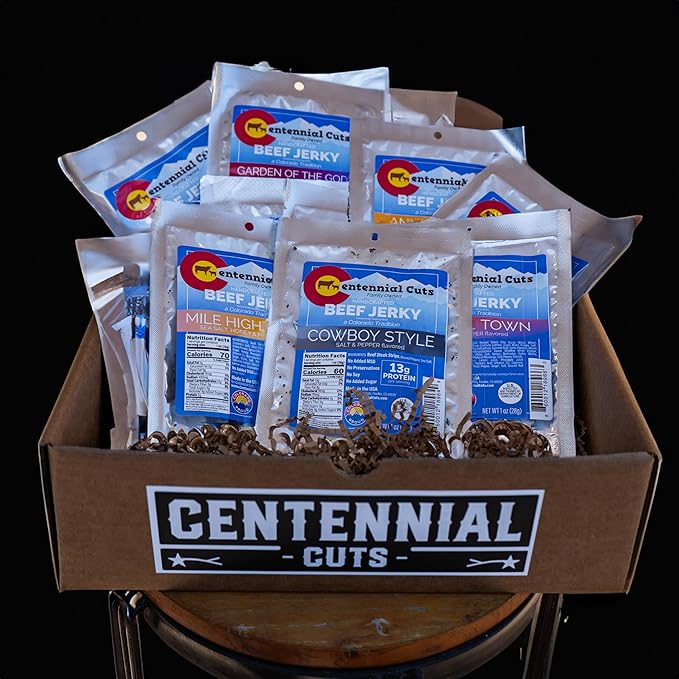 Centennial Cuts Beef Jerky Sampler Gift Box – 10 Flavor Variety Pack 10 x 1 oz Individual Packs High Protein Snack