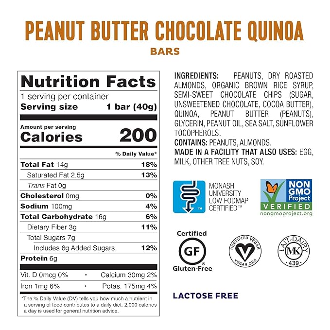 Fody Foods Snack Bars Peanut Butter Chocolate Quinoa 1.41 Oz (Pack of 6) 6g Protein Low FODMAP Gut &amp IBS Friendly Vegan Lactose Free Non-GMO Gluten Free