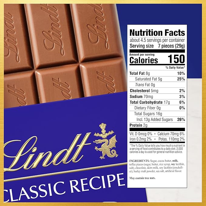 Lindt CLASSIC RECIPE Toffee and Sea Salt Milk Chocolate Candy Bar 4.4 oz. 12 Pack