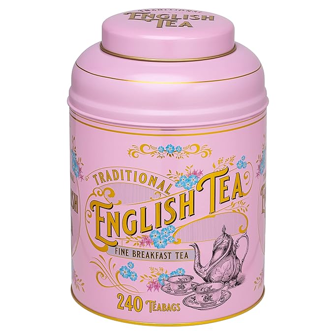 New English Teas Vintage Victorian Tea Tin in Pink with 240 English Breakfast Teabags