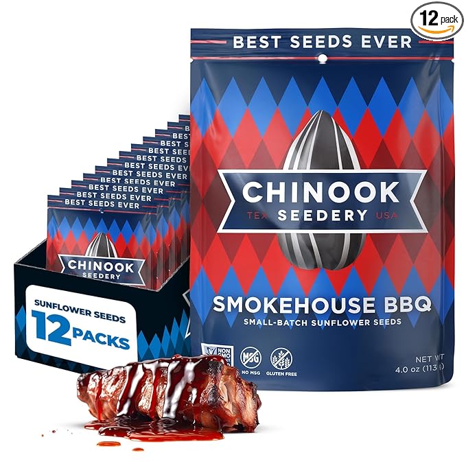 Chinook Seedery Sunflower Seeds to Eat — Jumbo Flavored Roasted Low Sodium Snacks — Keto Friendly Gluten-Free Non-GMO — Smokehouse BBQ Flavor 4 oz (12-Pack)