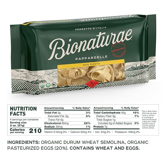 Bionaturae Pappardelle Pasta Noodles - Durum Semolina Pasta Kosher High Protein Non-GMO USDA Certified Durum Semolina Pappardelle Pappardelle Noodles Organic Crafted in Italy - 8.8 Oz 6 Pack