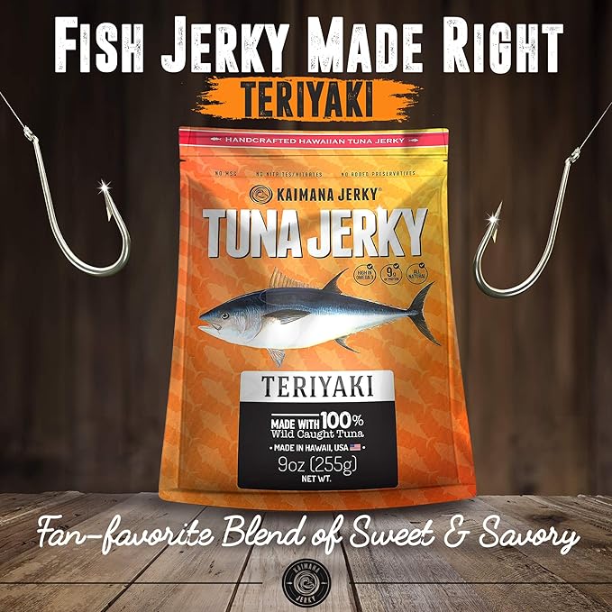 Kaimana Wild-Caught Ahi Tuna Jerky - Teriyaki | Rich in Omega-3s &amp High in Protein | All-Natural &amp Organic Fish Jerky (9 oz)