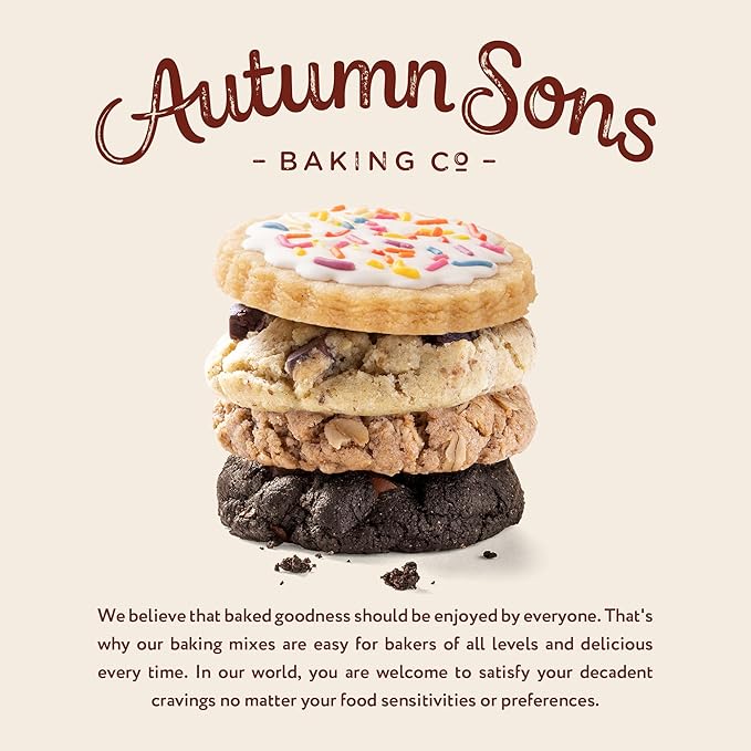 Autumn Sons Baking Co. Gluten Free Cookie Mix Variety Pack. Sugar Cookie Chocolate Chunk Double Chocolate Chunk &amp Oatmeal Cinnamon. Vegan Plant Based Baking Mix. Top 9 Allergen Free. 9.3 oz (Pac