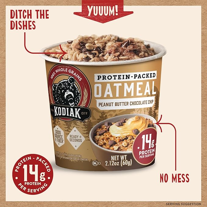 Kodiak Cakes Instant Oatmeal Cups Peanut Butter Chocolate Chip High Protein 100% Whole Grains (12 cups)